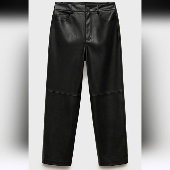 Mango Leather-effect Straight Black Pants Size 6 - Picture 9 of 14